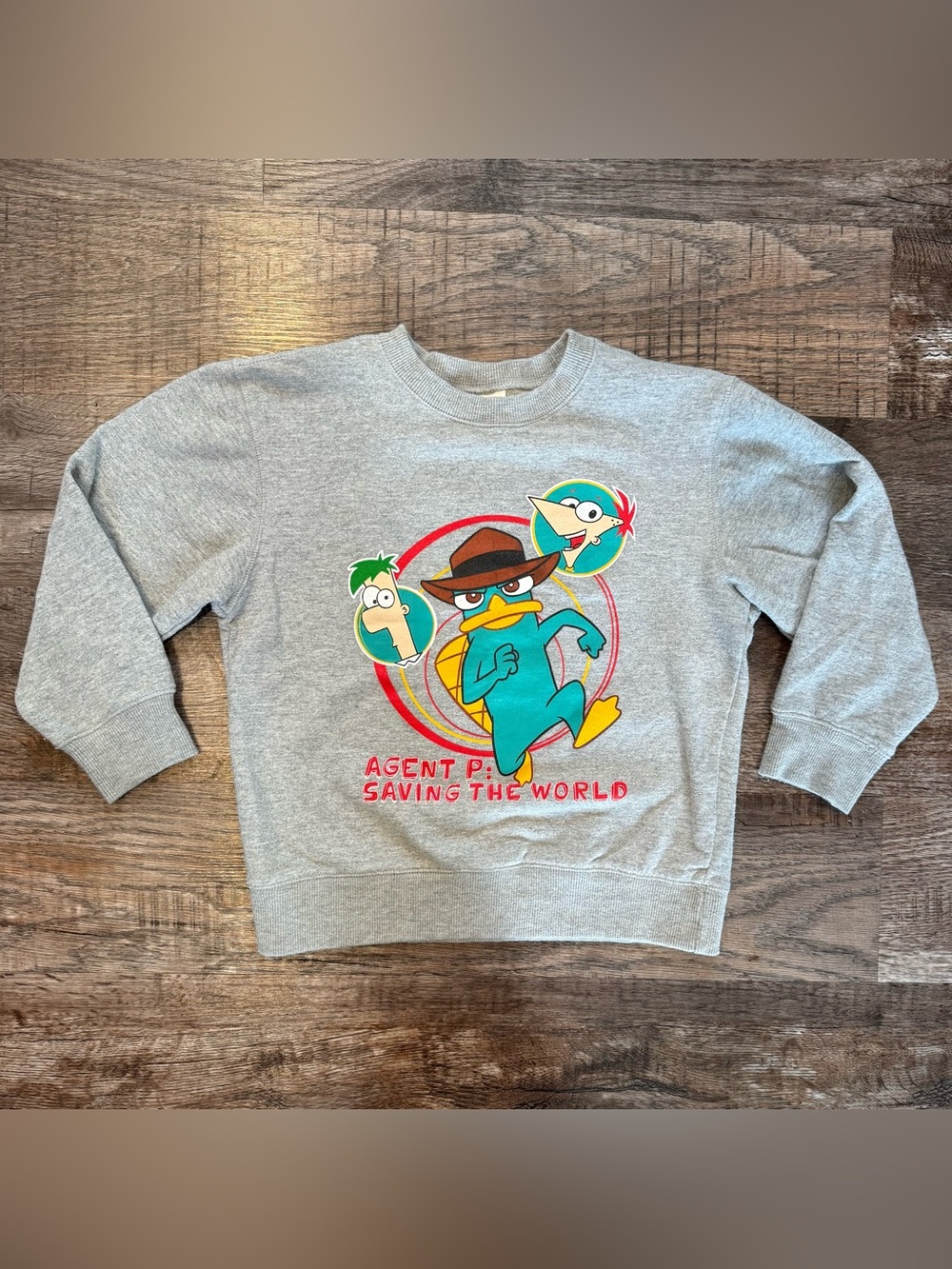 Disney Store Phineas and Ferb Unisex Kids Gray Perry Crewneck Agent P Small